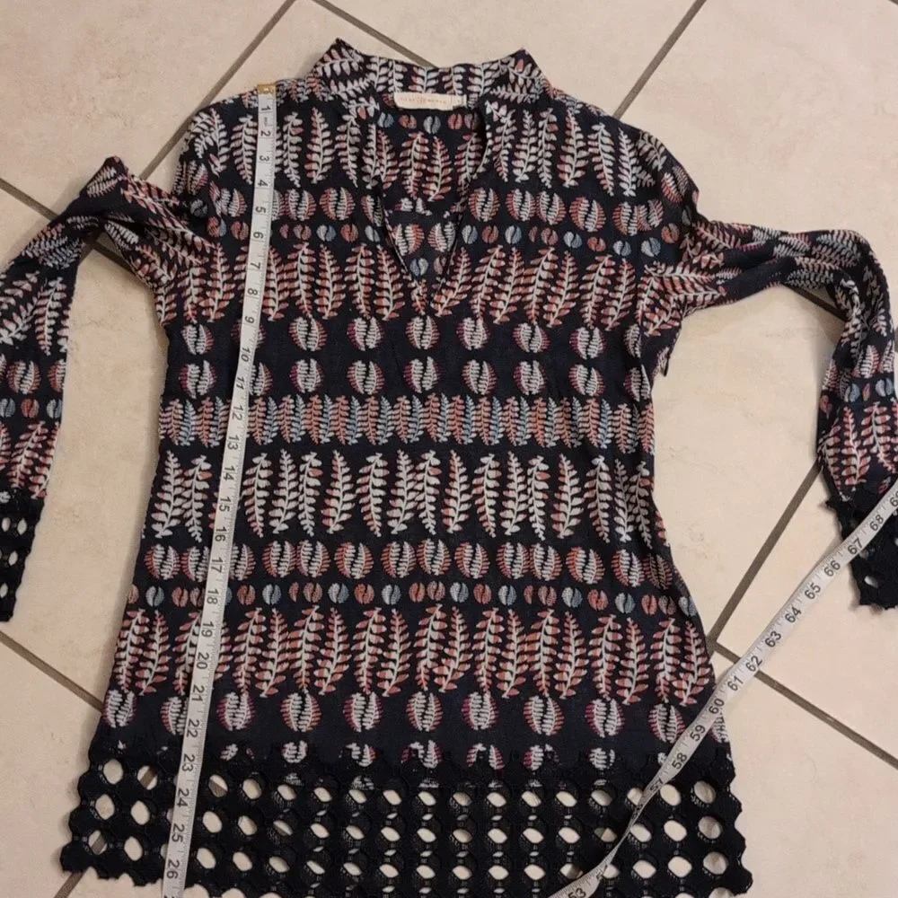 Tory Burch Semi Sheer Floral V-Neck Tunic Blouse Purple Black Size 0